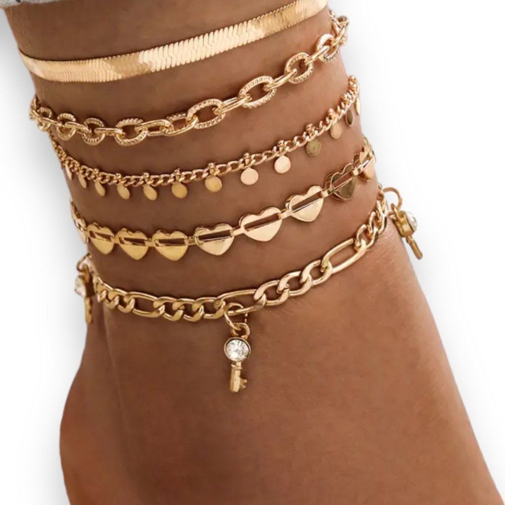 Gold Multi Layer Charming Hearts Keys Anklets Anklet Set 5 Pieces NEW